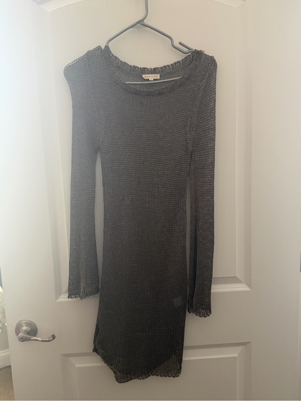 Metallic Long-Sleeve Knit Midi Sheer Dress in Bronze Color